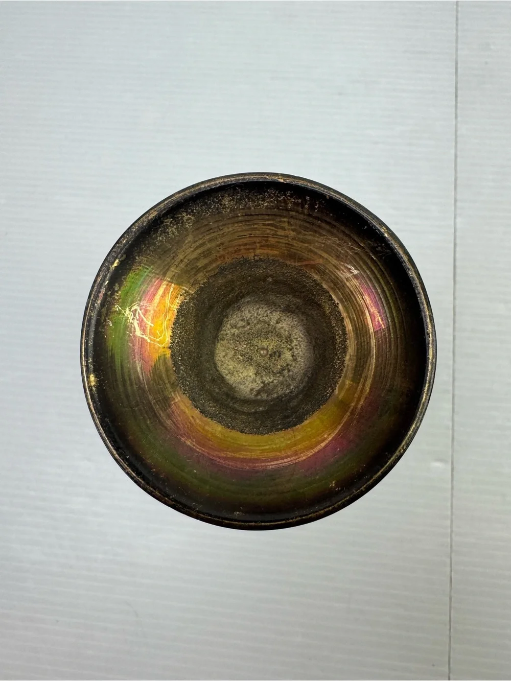 Indian? Iridescent Brass Vase Enamel Gem Medallion Scalloped Rim 6” Decor VTG